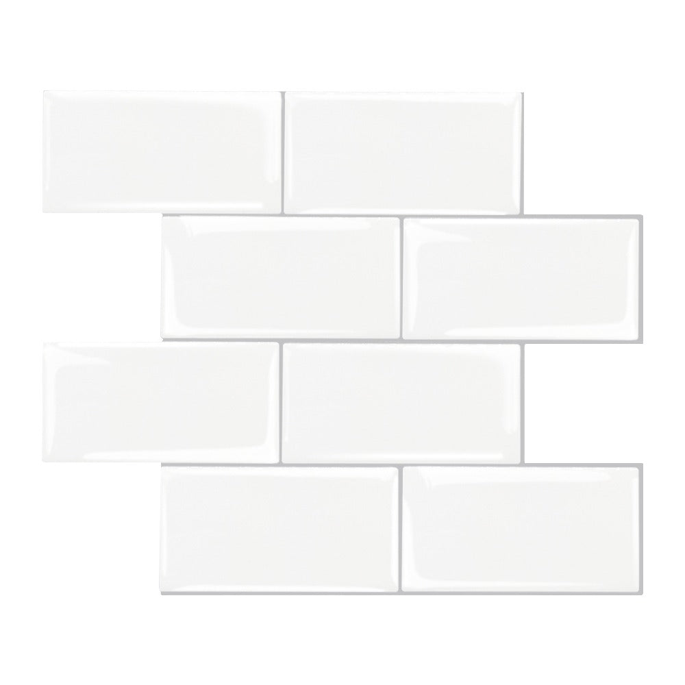 A grid of white subway stick-on tiles with grey grout lines, arranged in a pattern.