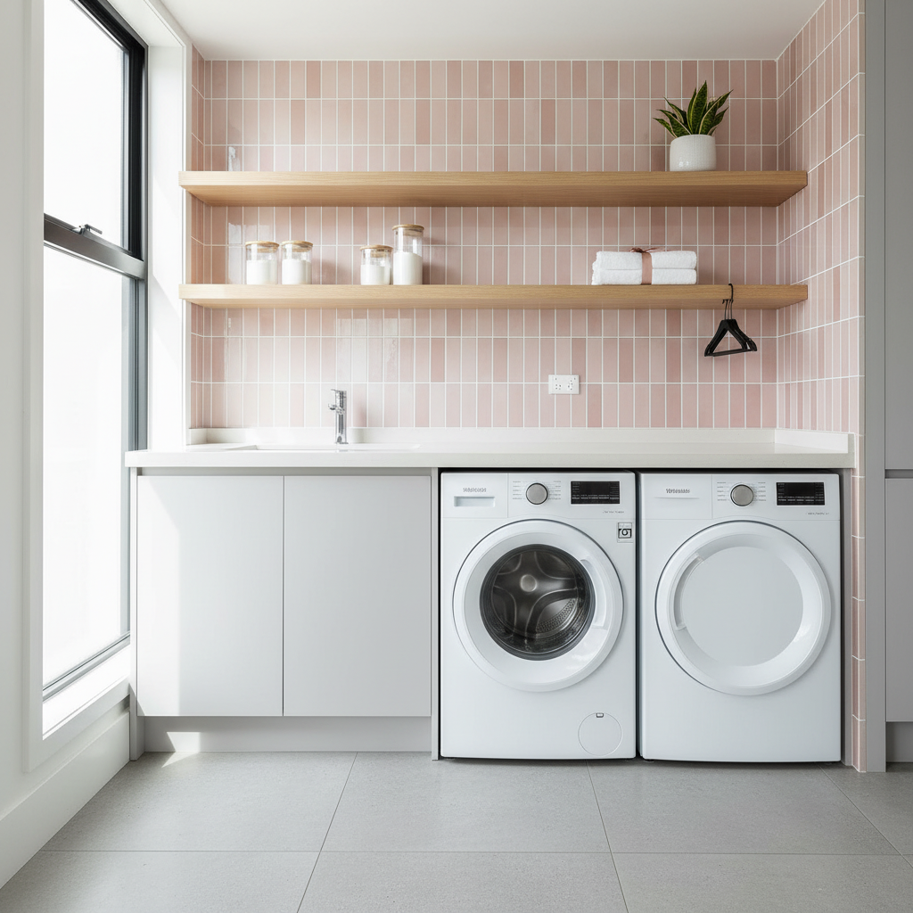 Modern laundry room with washing machine, dryer, and shelves.