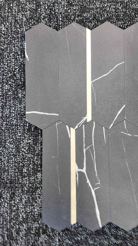 Black Marble & Gold Long Hexagon Stick on Composite Tile