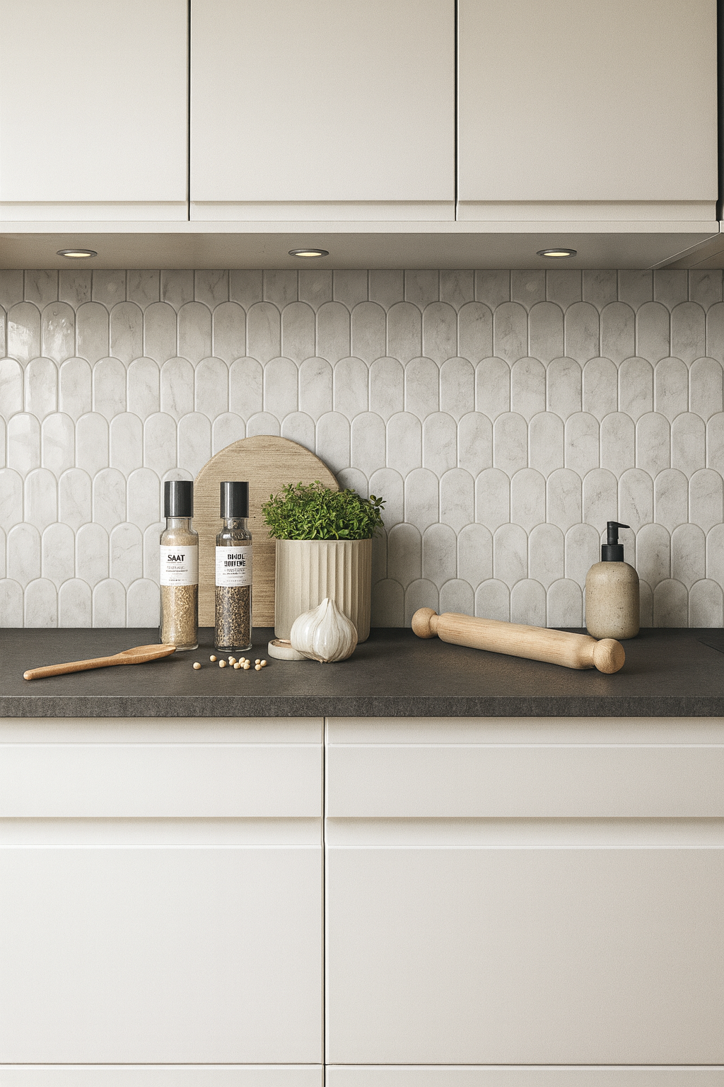 Modern kitchen with white cabinets, dark countertop, and decorative tile backsplash.