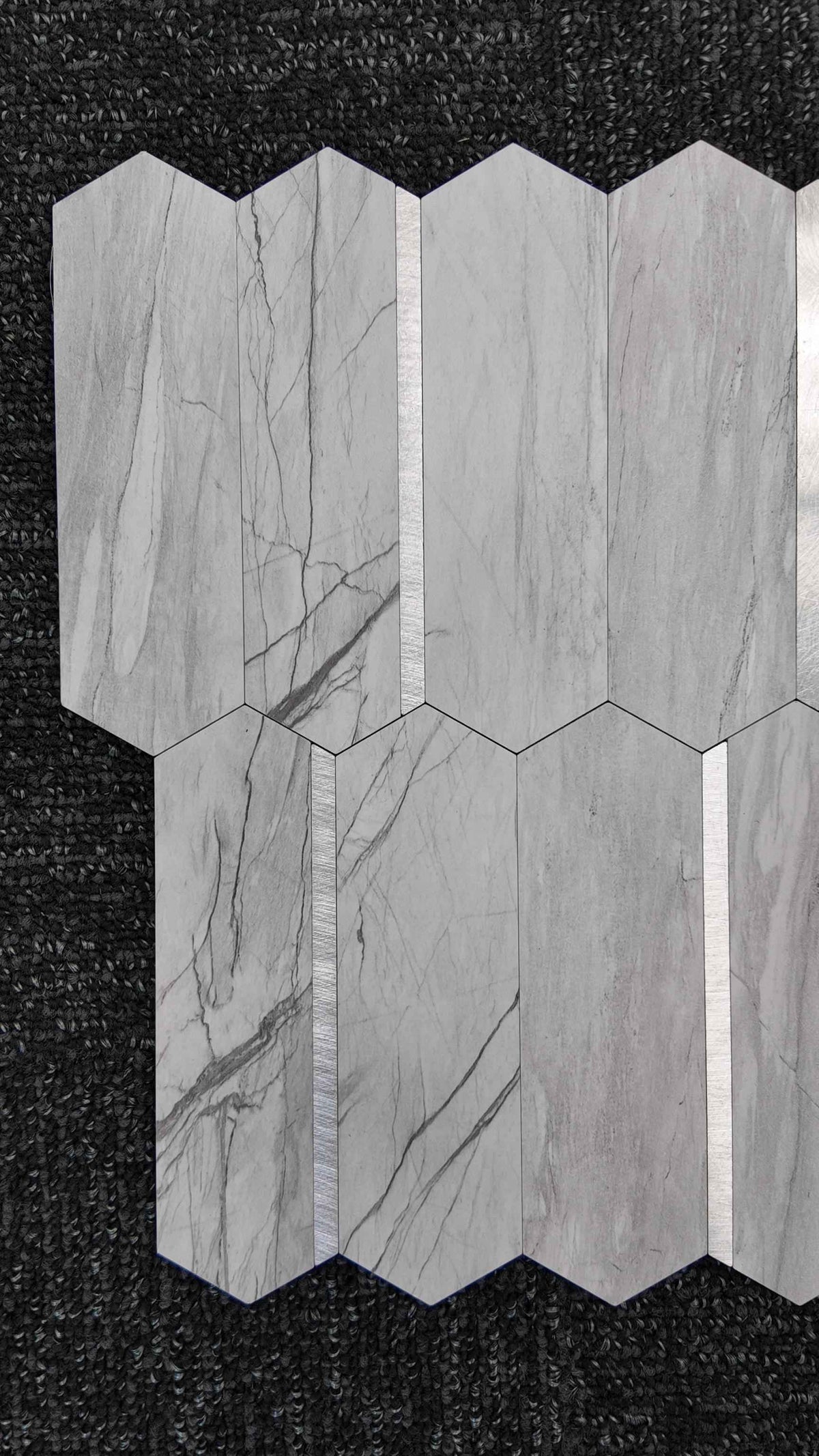 Grey Marble & Silver Long Hexagon Stick on Composite Tile
