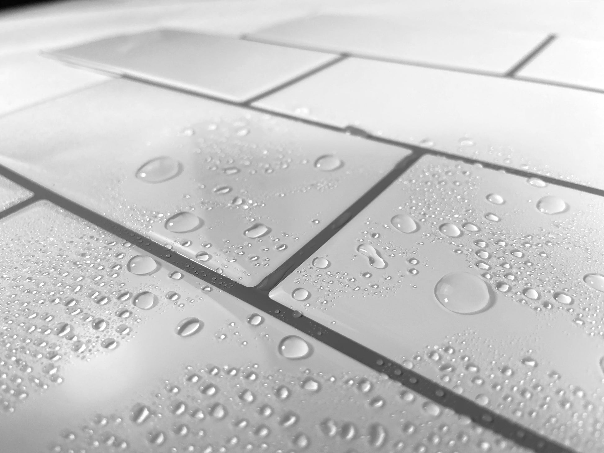 Close-up of water droplets on a tiled surface.