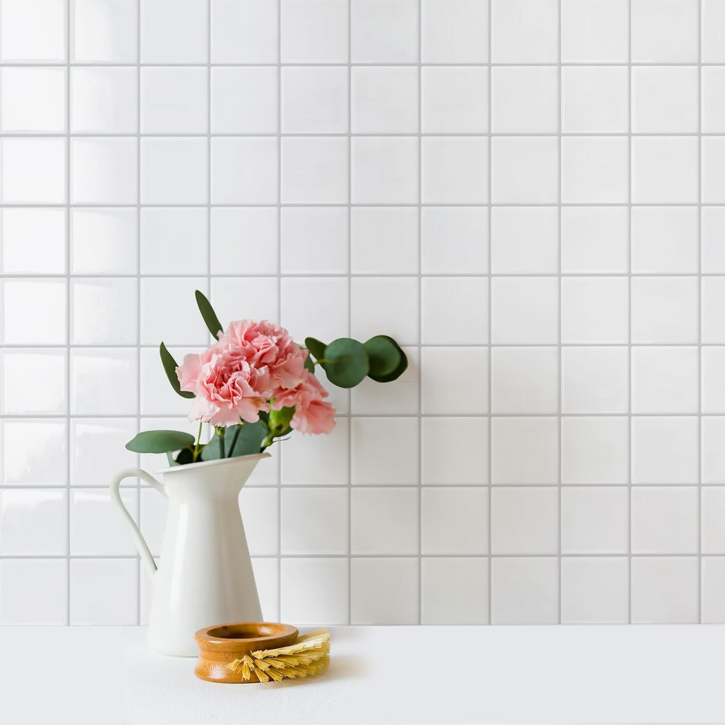 Square Stick on Tile - White with Grey Grout