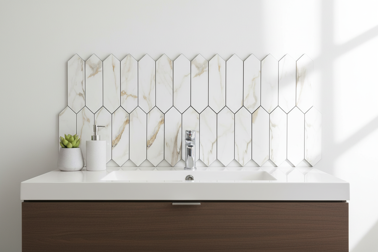 Long Hexagon Stick on Composite Tile - Calacatta Marble