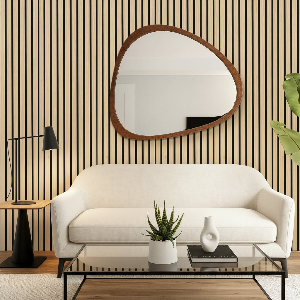 Living room with a gray checkered sofa, round mirror, and striped wallpaper.
