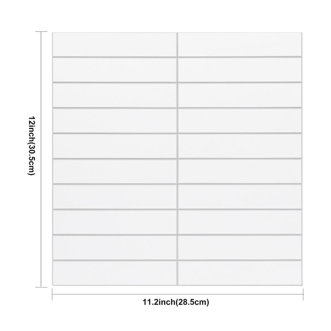 Dimensions of Kit Kat Stick on Composite Tile in Matte White, measuring 12 inches by 11.2 inches, ideal for easy wall applications.