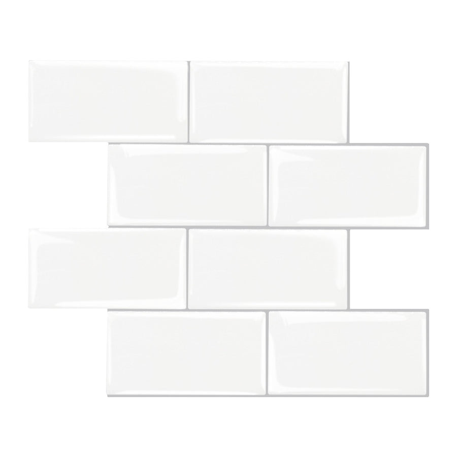 A grid of white subway stick-on tiles with grey grout lines, arranged in a pattern.