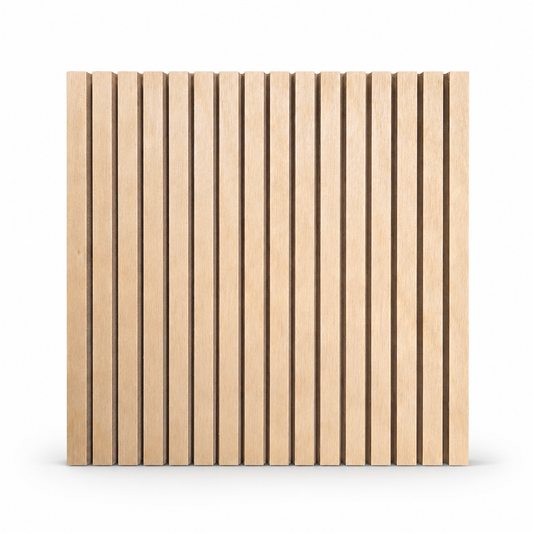 Wooden panel with vertical slats on a white background