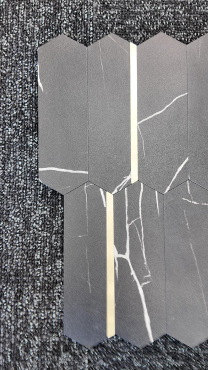 Black Marble & Gold Long Hexagon Stick on Composite Tile