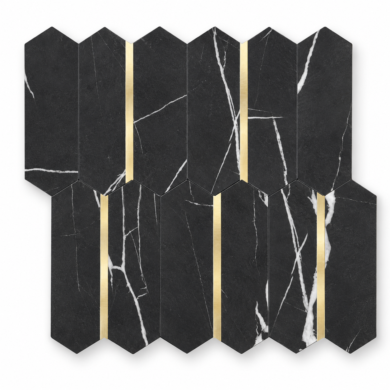 Black Marble & Gold Long Hexagon Stick on Composite Tile