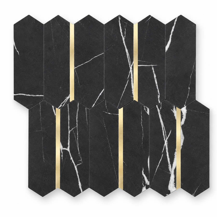Black Marble & Gold Long Hexagon Stick on Composite Tile