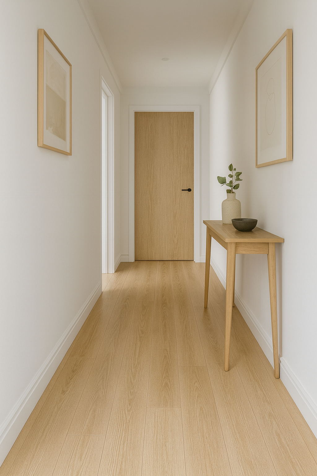 Hallway with natural blonde oak timber floor vinyl peel and stick self adhesive