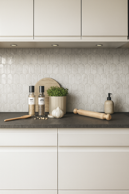 Modern kitchen with white cabinets, dark countertop, and decorative tile backsplash.