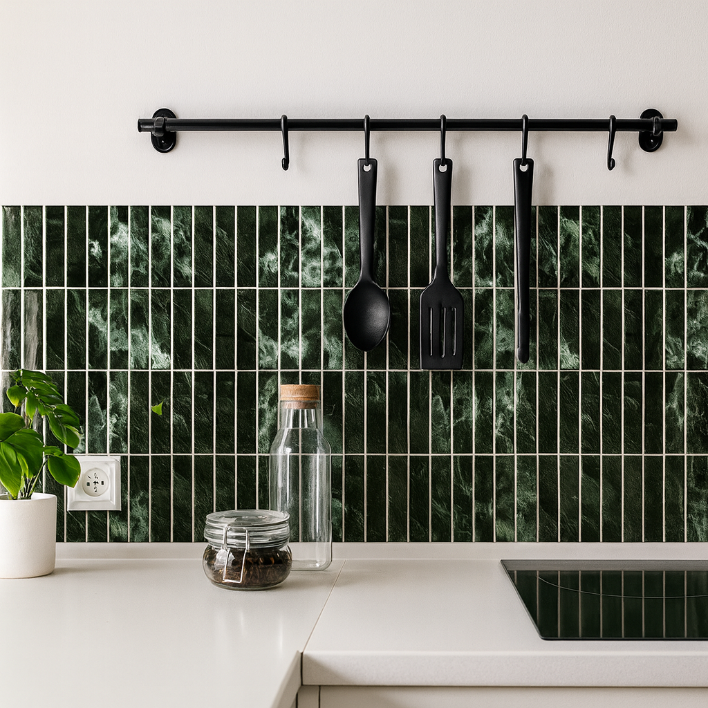 Kitchen with green marble tile backsplash, black utensils, and white countertops.