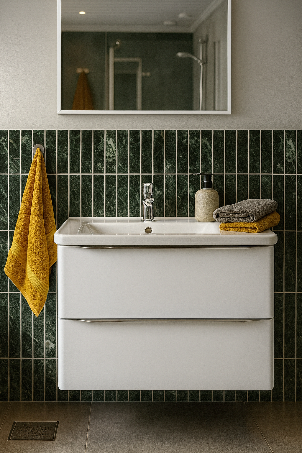Bathroom vanity with sink, mirror, and towels against a green tiled wall.