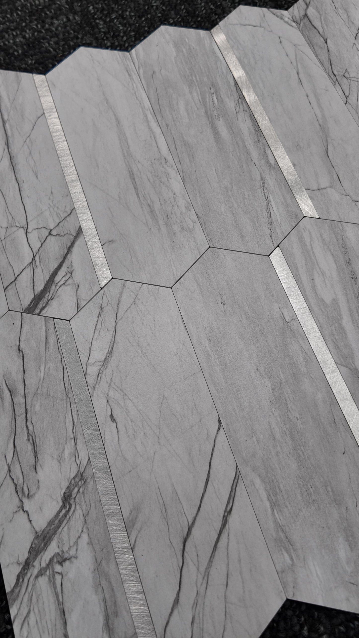 Grey Marble & Silver Long Hexagon Stick on Composite Tile
