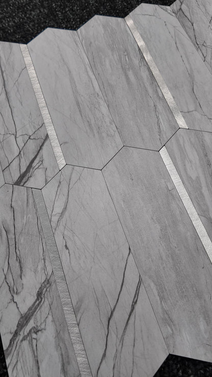 Grey Marble & Silver Long Hexagon Stick on Composite Tile