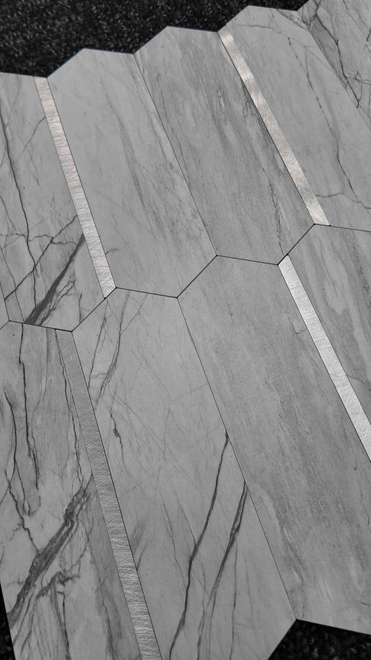 Grey Marble & Silver Long Hexagon Stick on Composite Tile
