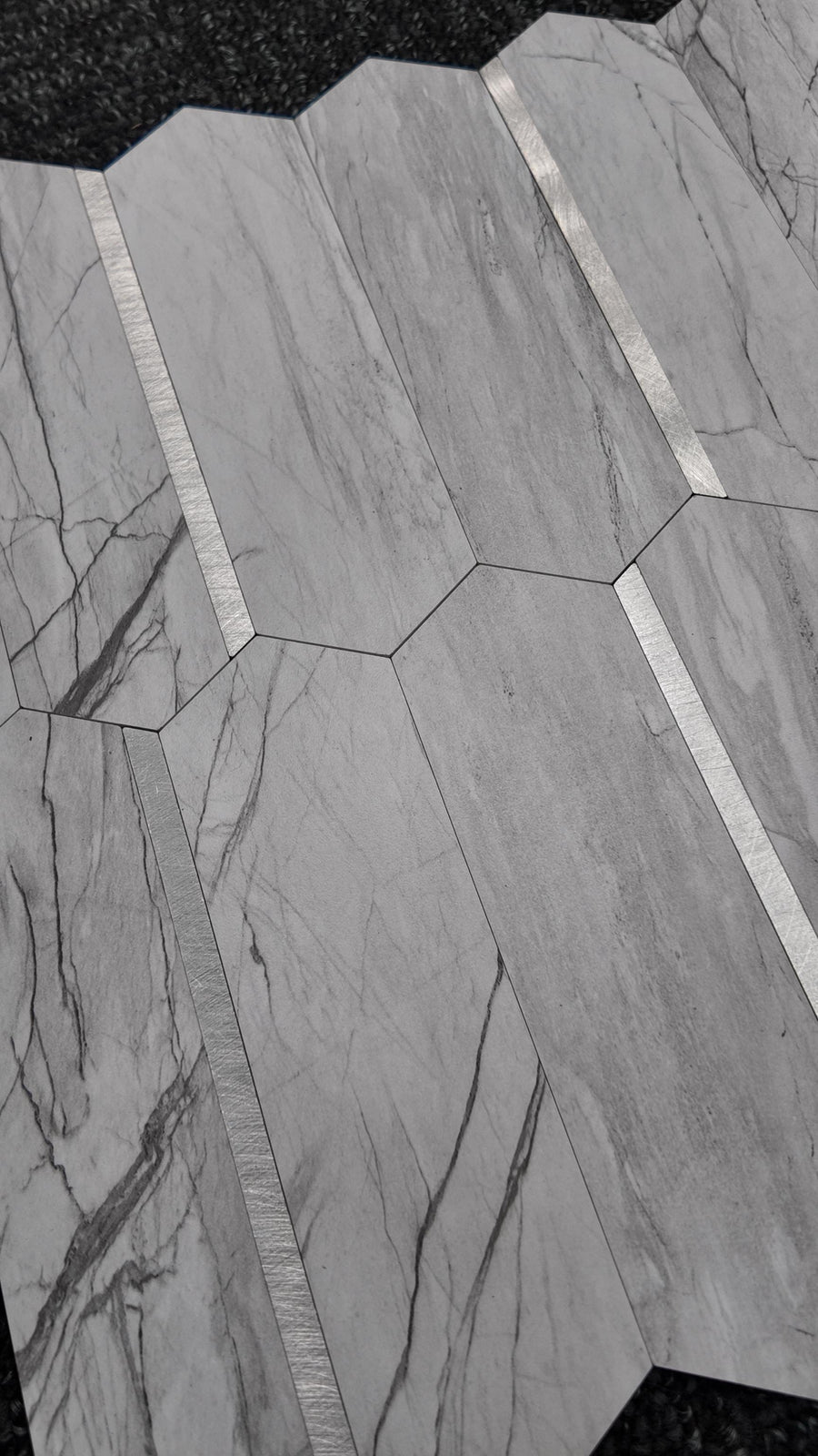 Grey Marble & Silver Long Hexagon Stick on Composite Tile