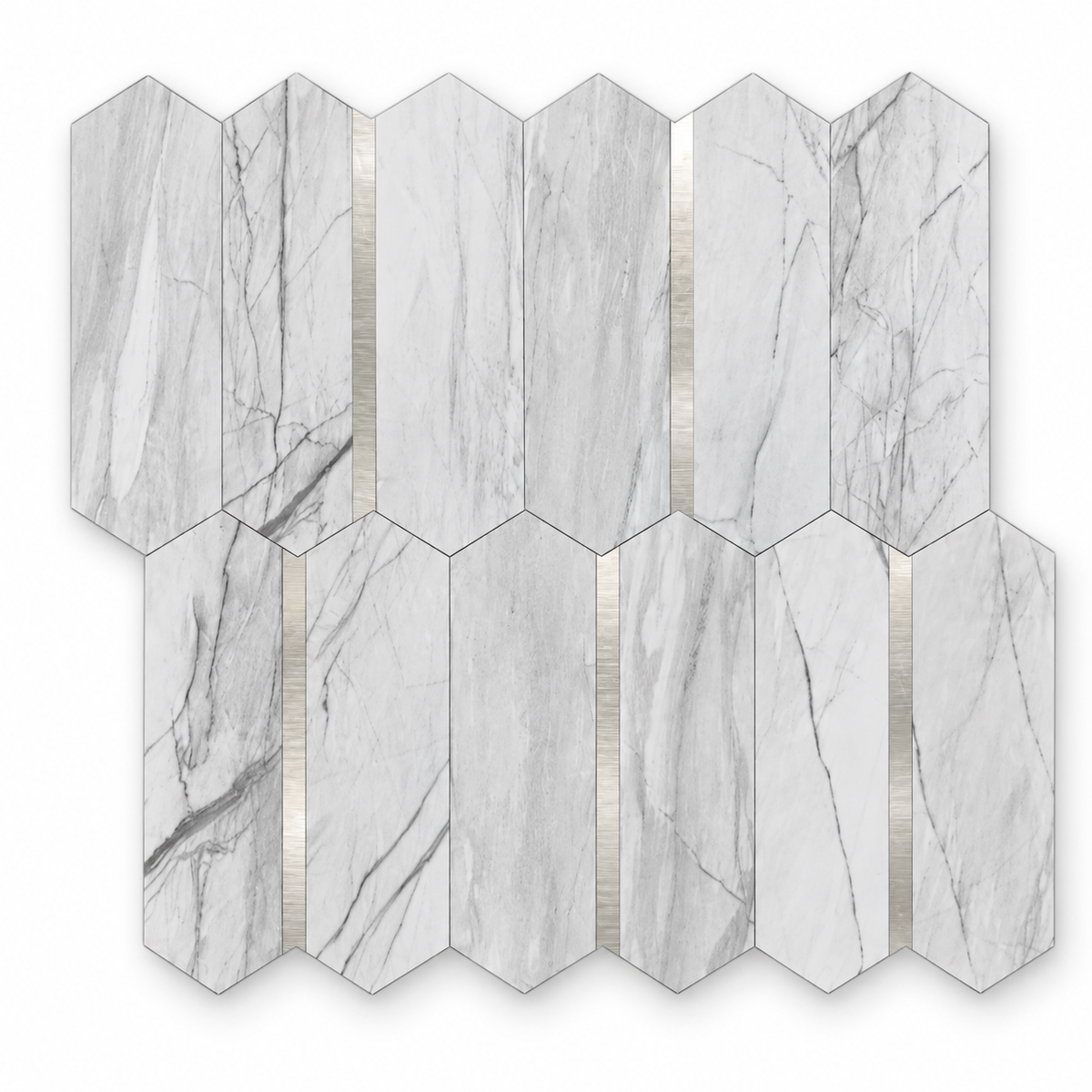 Grey Marble & Silver Long Hexagon Stick on Composite Tile