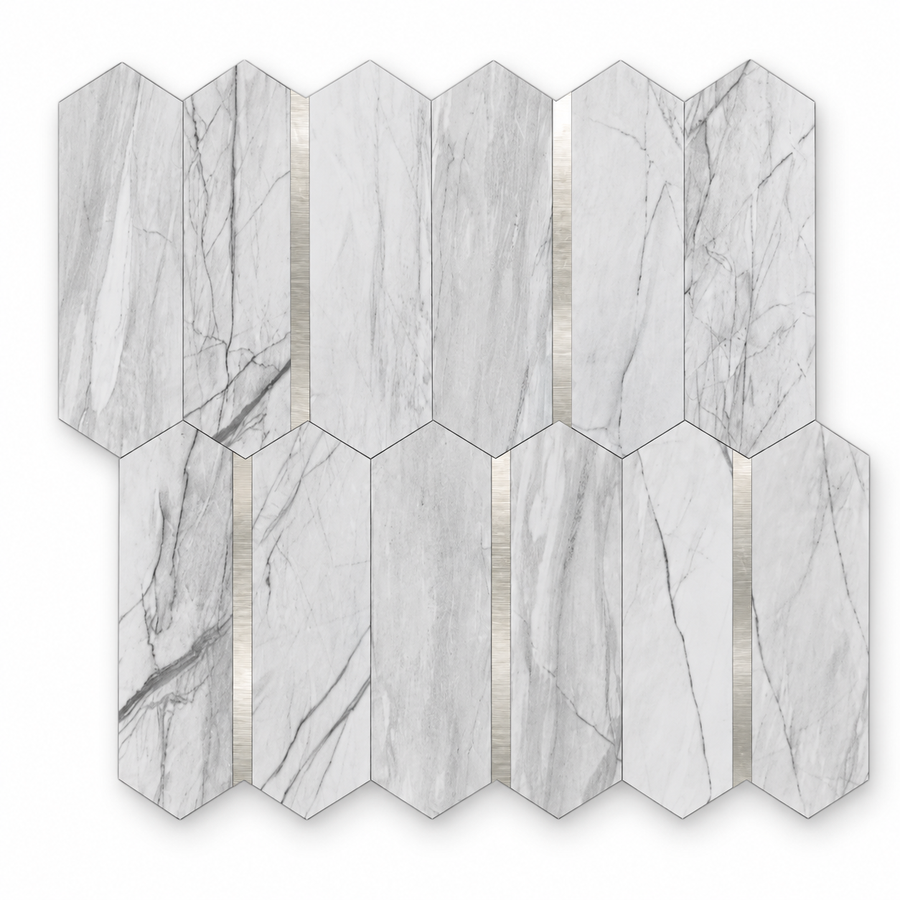 Grey Marble & Silver Long Hexagon Stick on Composite Tile