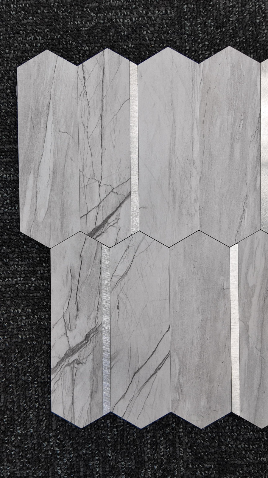 Grey Marble & Silver Long Hexagon Stick on Composite Tile