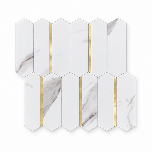 Grey Marble & Gold Long Hexagon Stick on Composite Tile