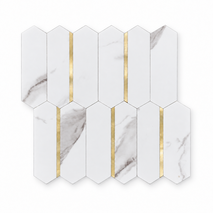 Grey Marble & Gold Long Hexagon Stick on Composite Tile