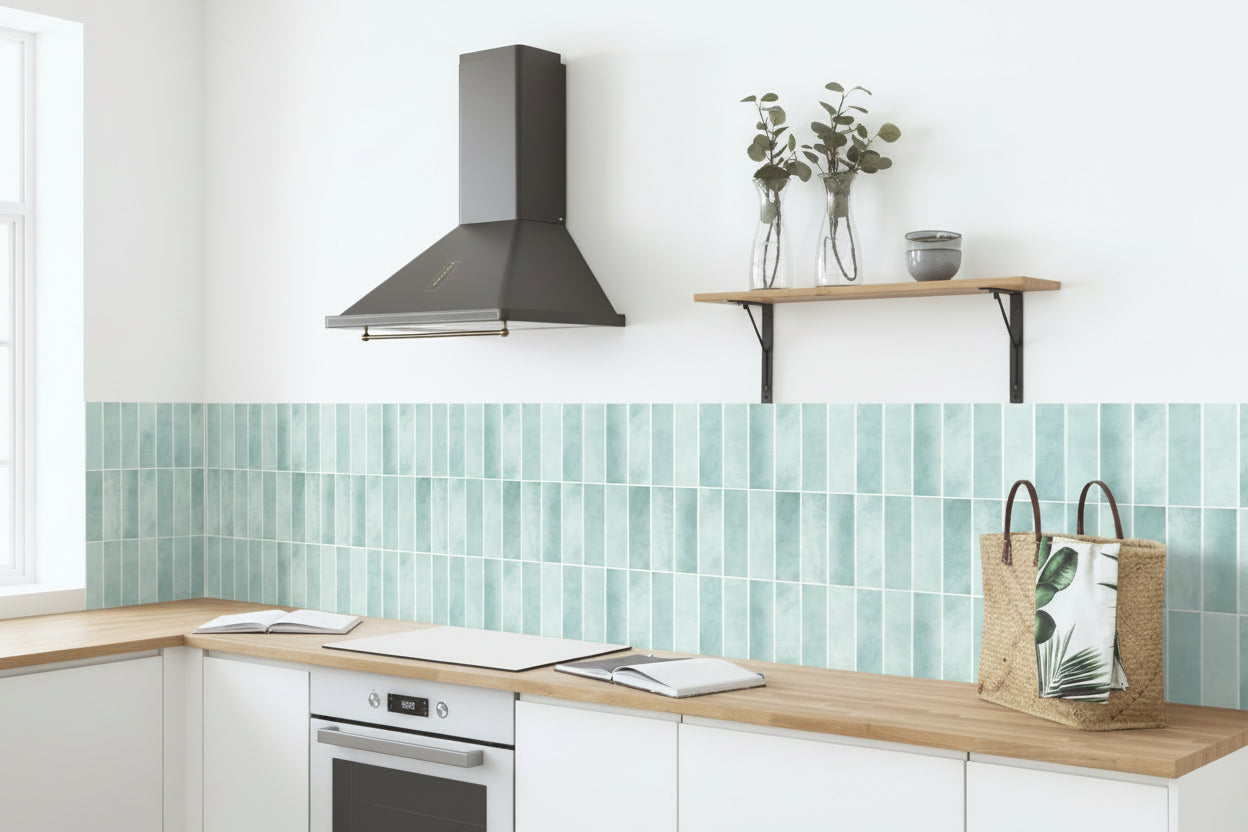 Kitchen with a decorative backsplash featuring a blue tile pattern, plants, and a woven bag.