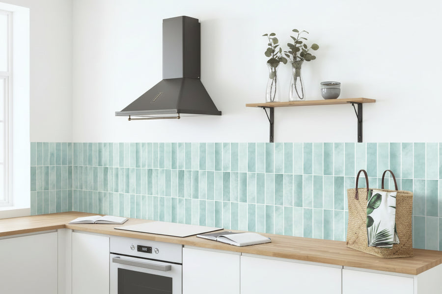 Kitchen with a decorative backsplash featuring a blue tile pattern, plants, and a woven bag.