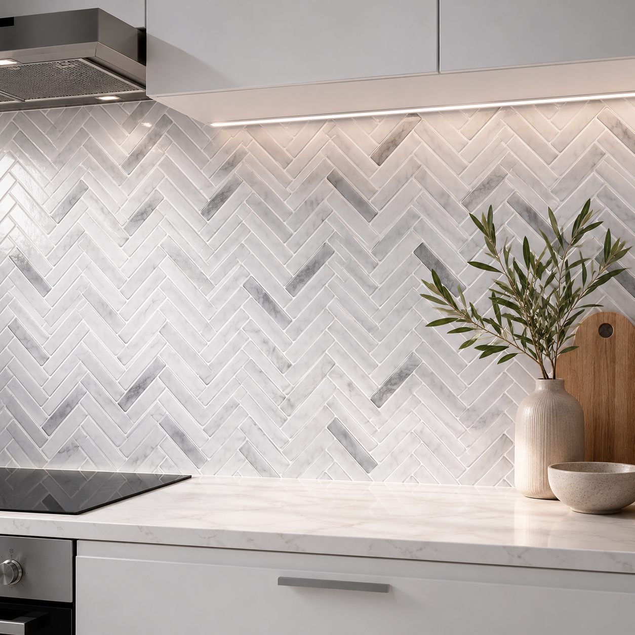 Herringbone Stick on Tile - Light Grey Marble