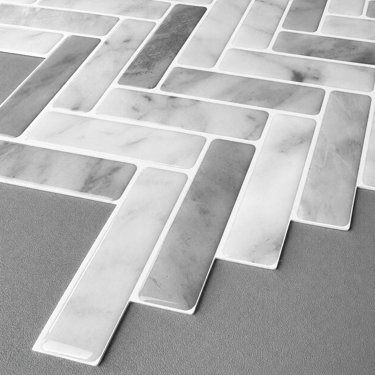 Herringbone Stick on Tile - Light Grey Marble