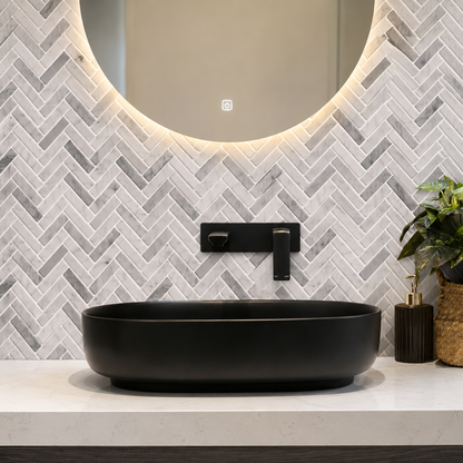 Herringbone Stick on Tile - Light Grey Marble