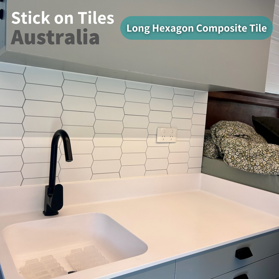 Long Hexagon Stick on Composite Tile - White - Stick on Tiles Australia