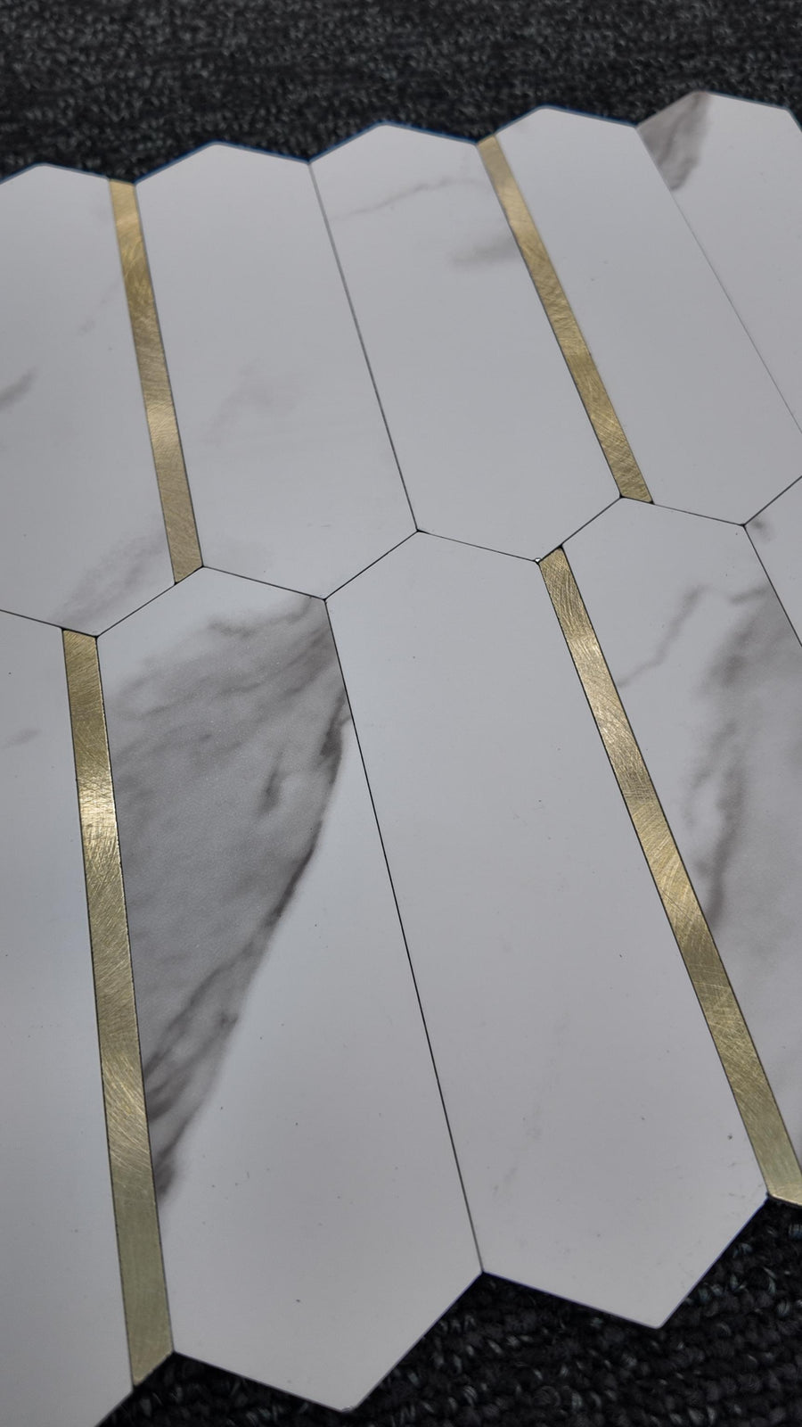 Grey Marble & Gold Long Hexagon Stick on Composite Tile