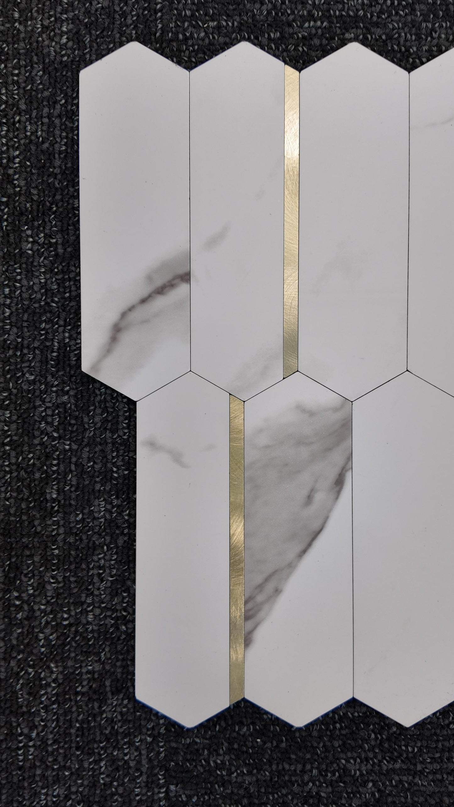 Grey Marble & Gold Long Hexagon Stick on Composite Tile