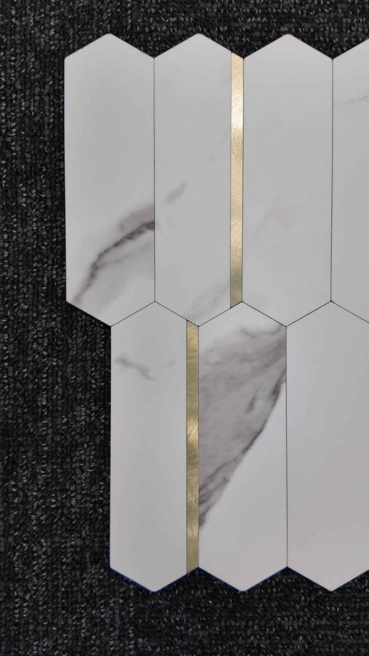 Grey Marble & Gold Long Hexagon Stick on Composite Tile