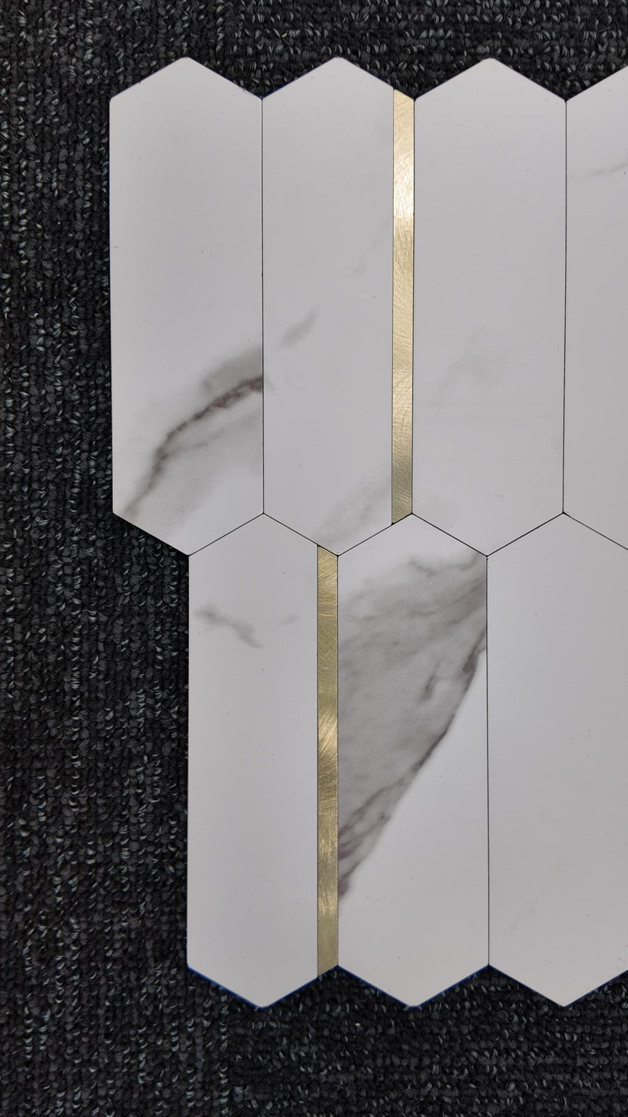 Grey Marble & Gold Long Hexagon Stick on Composite Tile