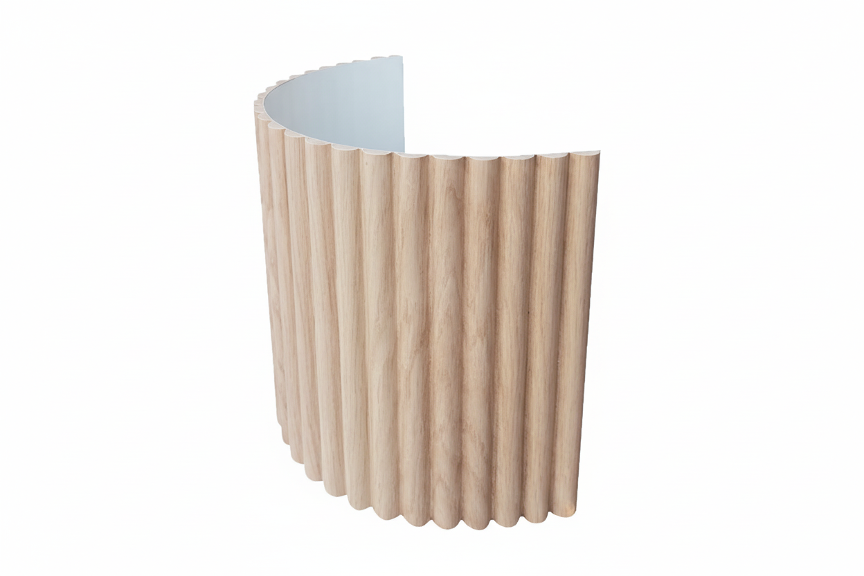 Wooden side table with a ribbed design on a white background