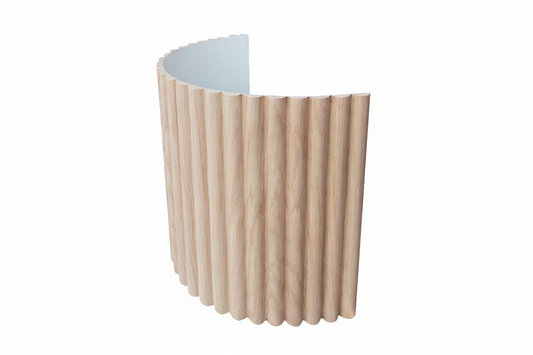 Wooden side table with a ribbed design on a white background