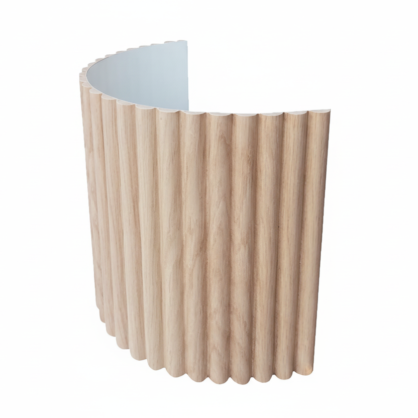 Wooden side table with a ribbed design on a white background