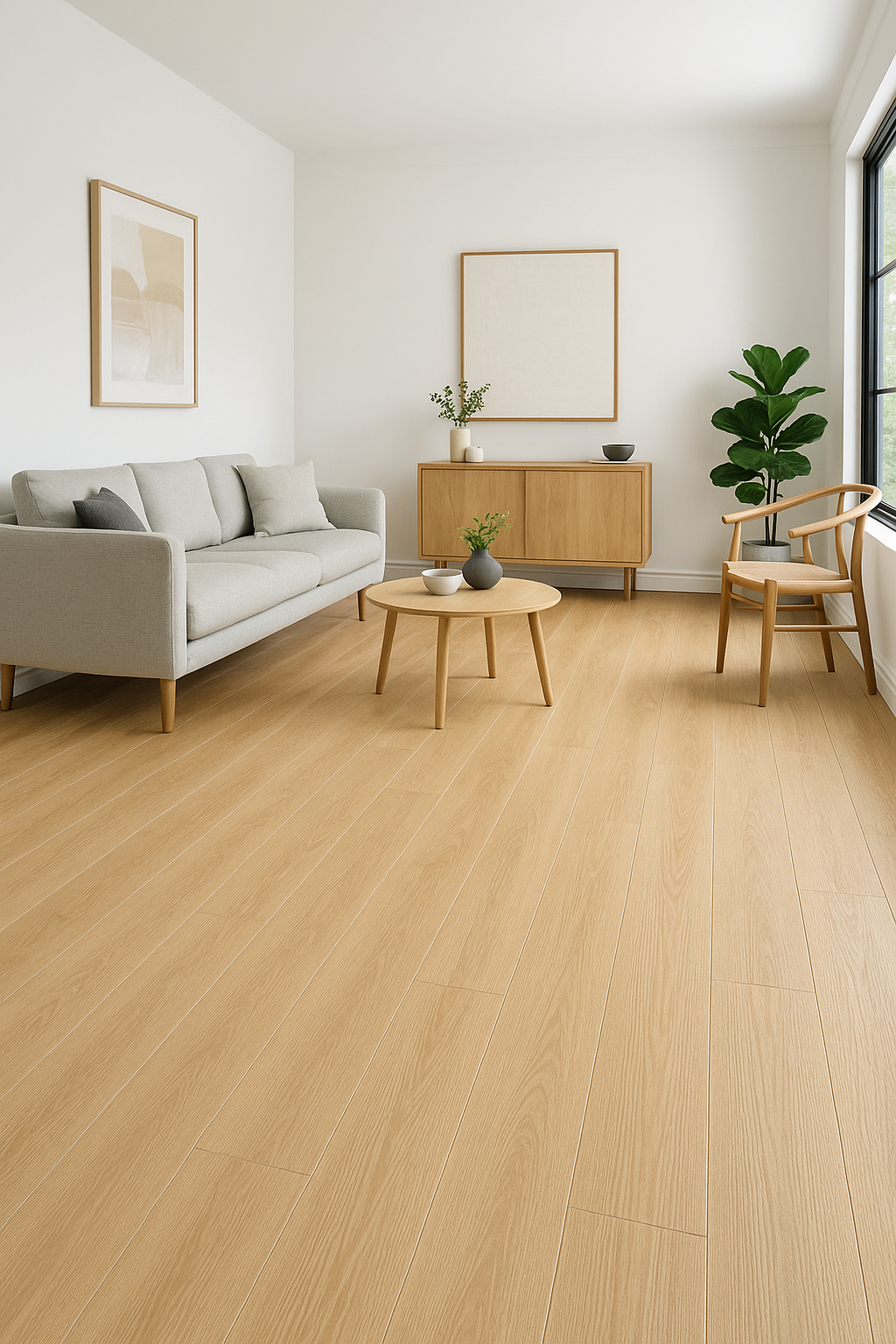 Living room with natural blonde oak timber floor vinyl peel and stick self adhesive