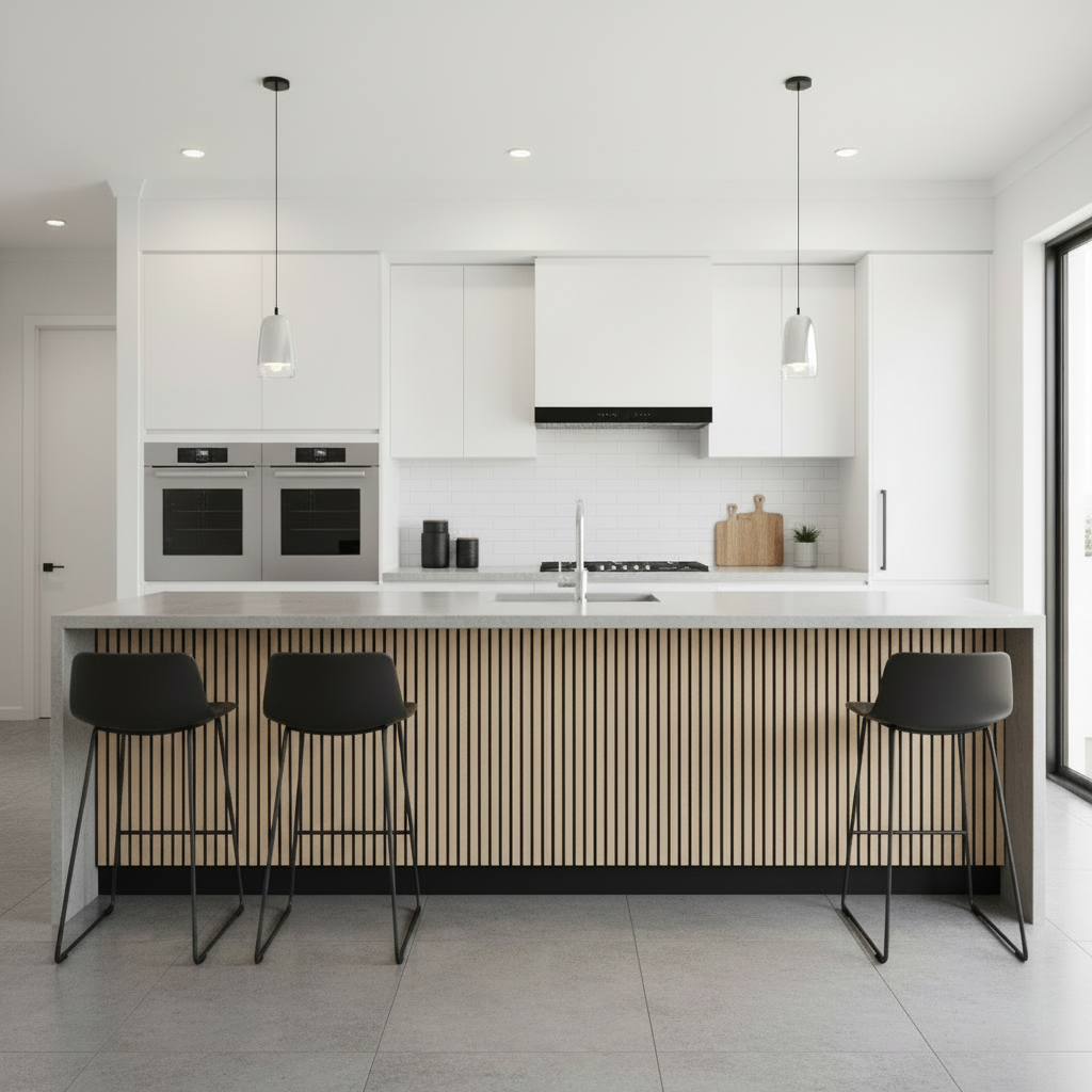 Modern kitchen with white cabinets, black appliances, and wooden accents.
