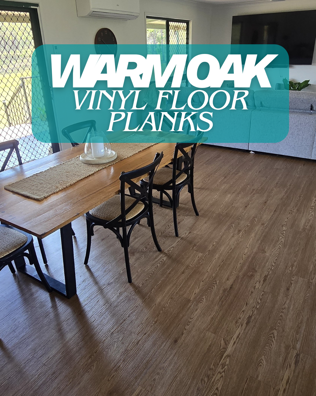 Dining room with Warm Oak vinyl floor planks, featuring a table and chairs.