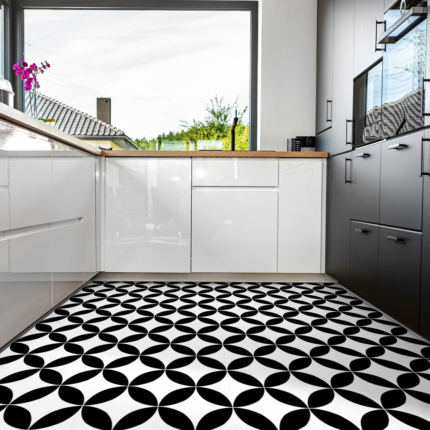 Vinyl Floor Stick on Tile - Black and White Star