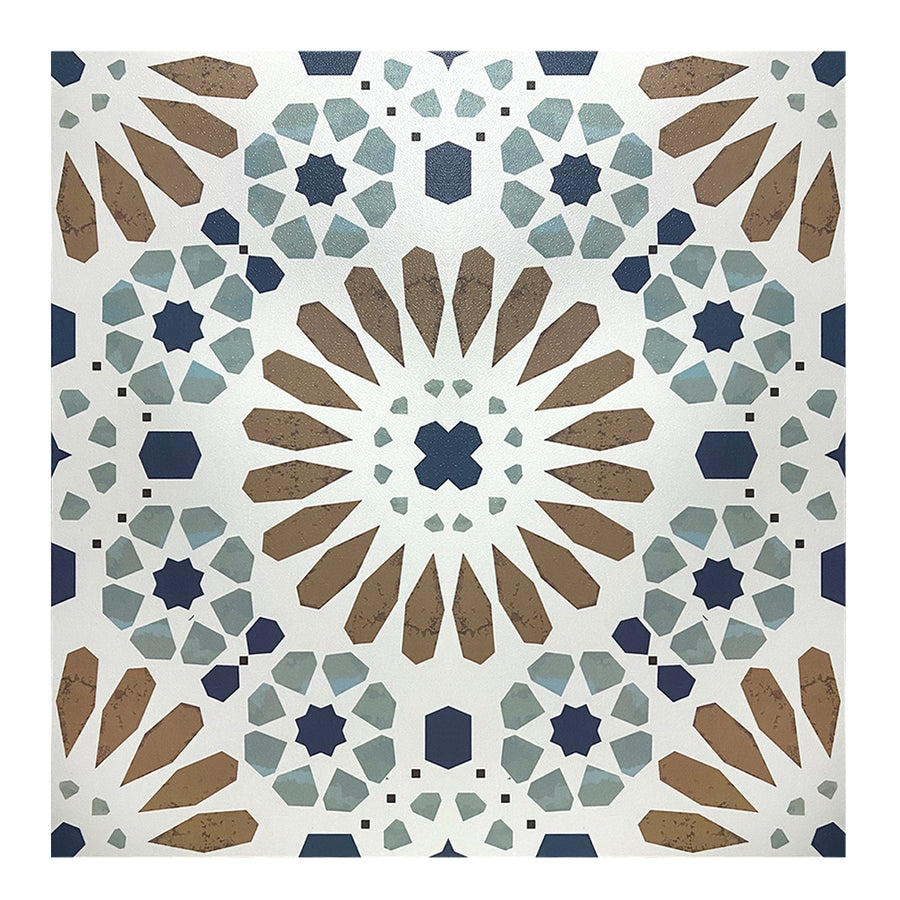 A vinyl floor tile with a geometric pattern featuring Mediterranean design elements, including shades of beige, brown, and blue.