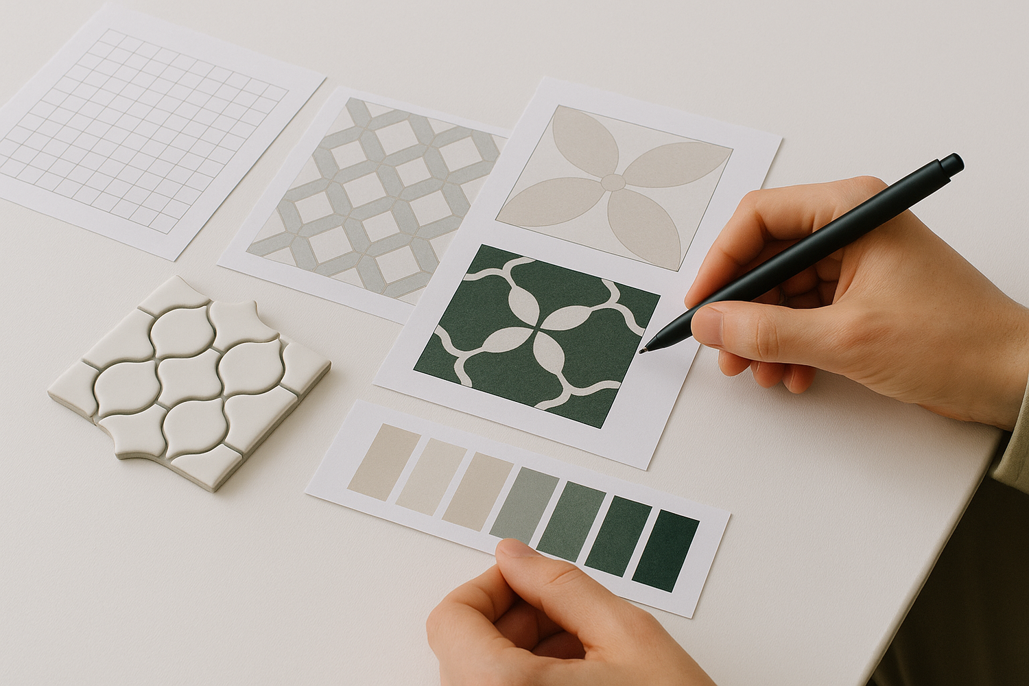 Person selecting patterns and colors for a design project on a white surface.