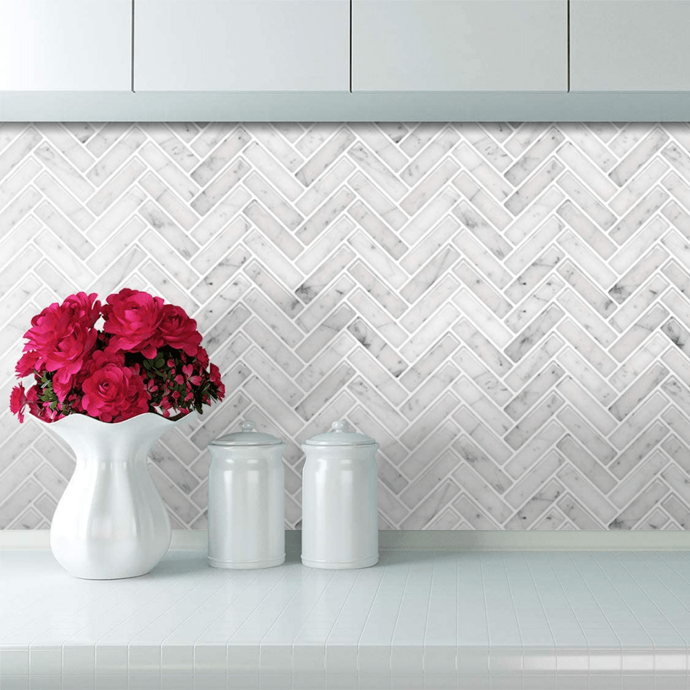 Herringbone Stick on Tile - Light Grey Marble - Stick on Tiles AustraliaStick on Tiles Australia