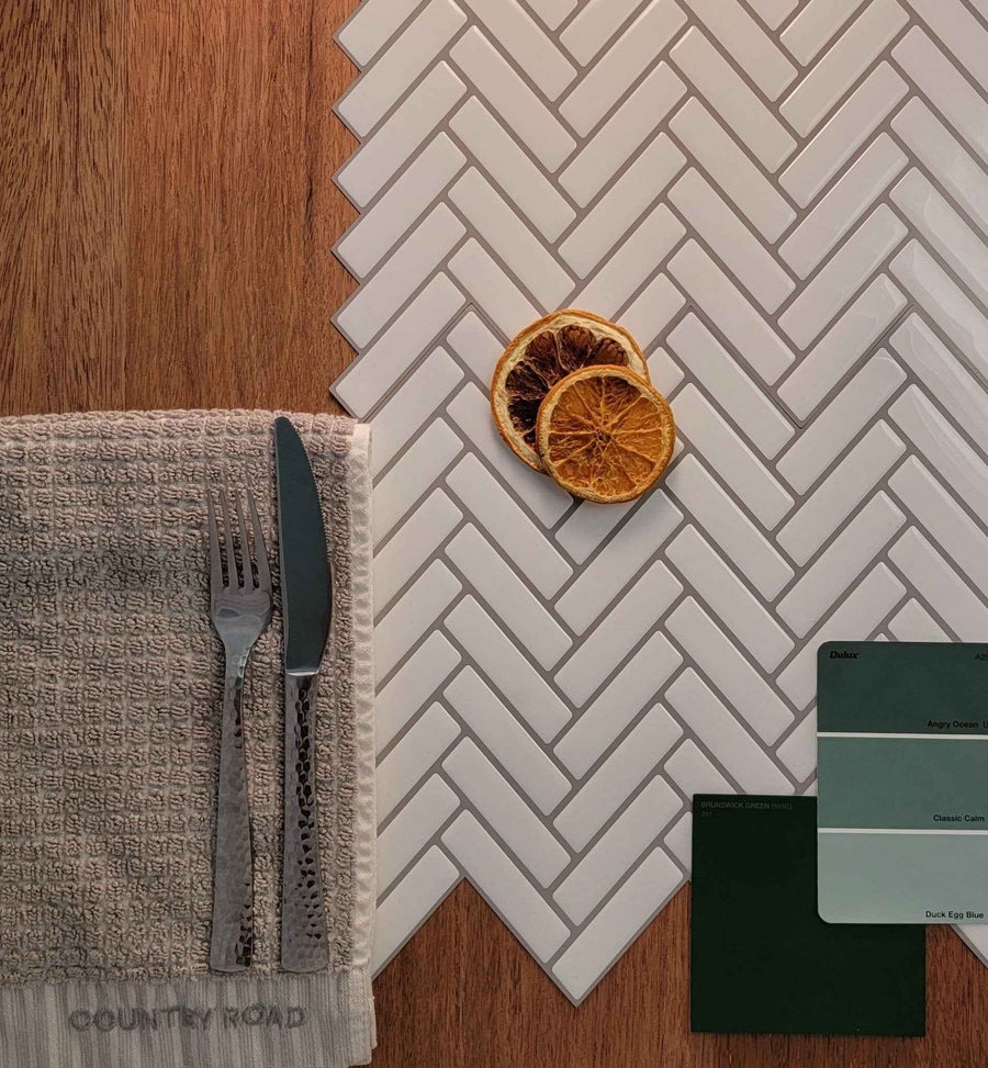 Herringbone Stick on Tile - White