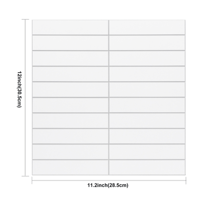 Dimensions of Kit Kat Stick on Composite Tile in Matte White, measuring 12 inches by 11.2 inches, ideal for easy wall applications.